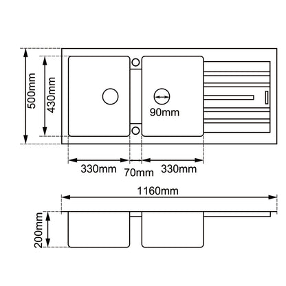 1160x500x200mm Black Granite Double Bowl Kitchen Sink image 1