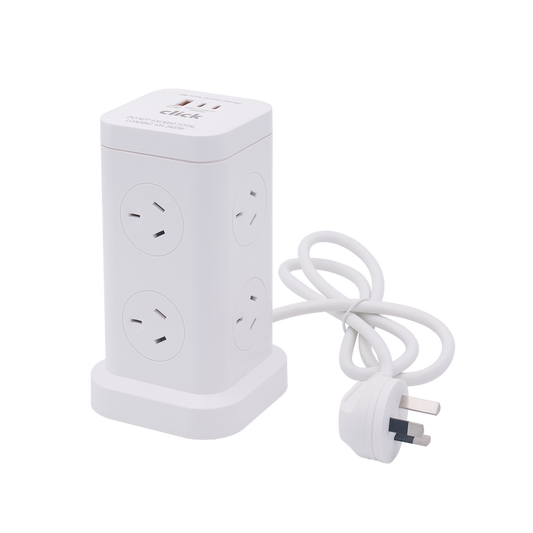 Click 6 Outlets Mini Tower Power Board with USB Charger