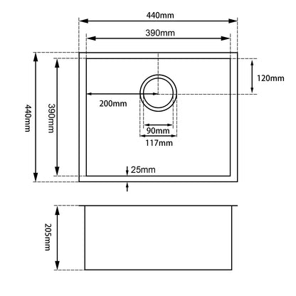 440x440x205mm Dark Grey Stainless Steel Single Bowl Kitchen Sink image 1